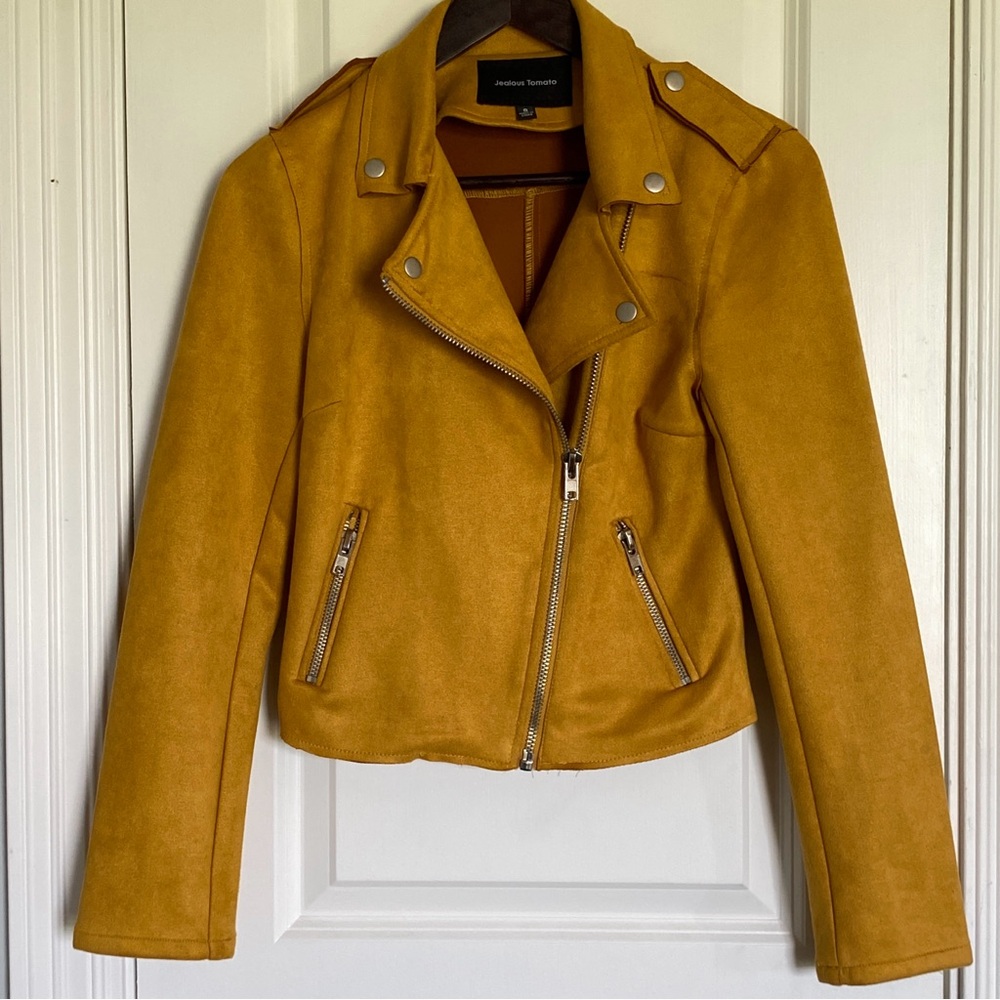 Jealous Tomato faux leather moto jacket, mustard, small